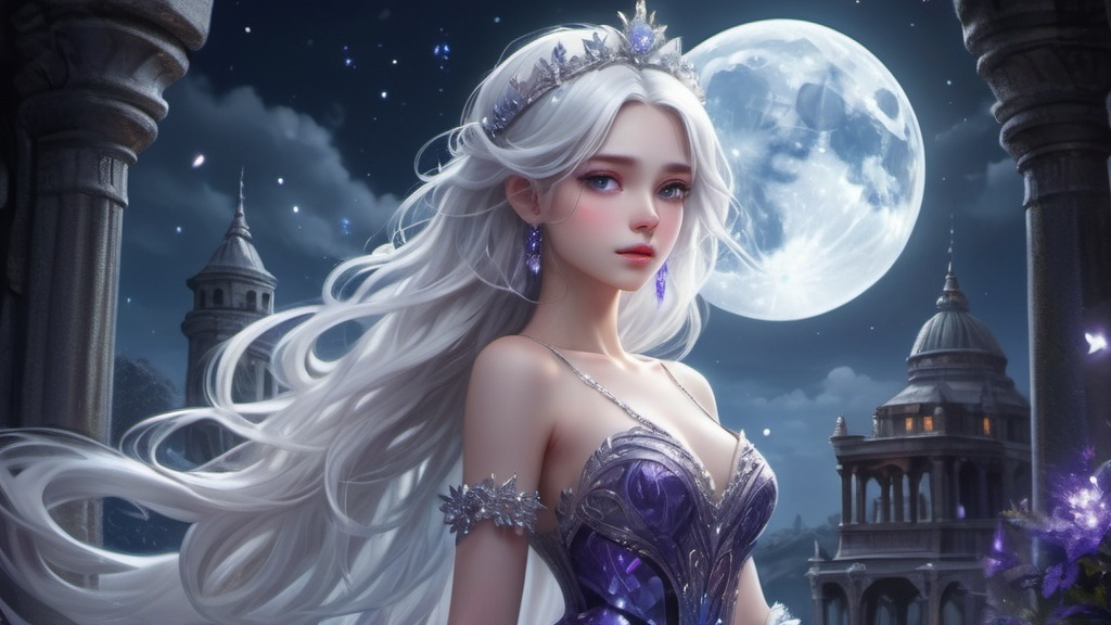 Prompt: (white-haired girl), (purple eyes), (slim figure), adorned with a sparkling crystal tiara, shimmering long dress, (night scene), twinkling glowing particles and enchanting sprites surrounding the moon, mysterious ruins of a long-lost kingdom in the background, rich dark blues and silvers, high-quality, ultra-detailed, magical ambiance, ethereal glow, dramatic and whimsical atmosphere.