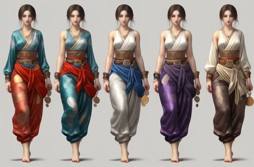 Prompt: (5 full body girl) inspired by harem pants, belt lots of coin designed, silk garments, Walking down the street. Detailed clothing