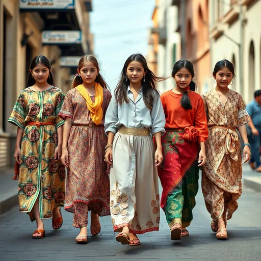 Prompt: 5 girl with different dresses inspired by harem pants, belt is lot of small coins designed, silk garments, Walking down the street. Detailed clothing,