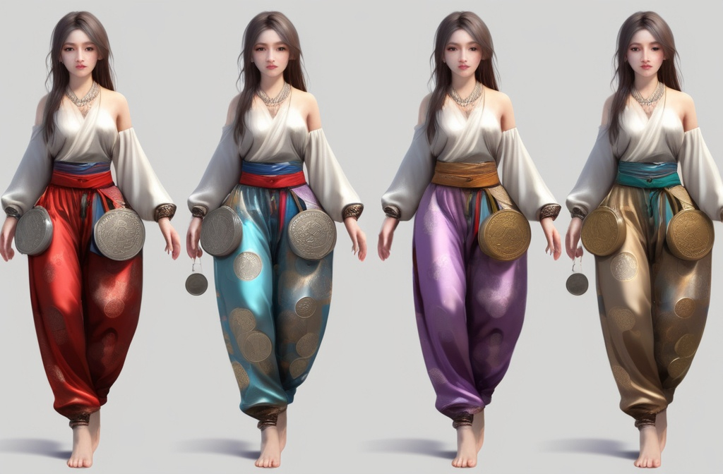 Prompt: (5 full body girl) inspired by harem pants, belt lots of coin designed, silk garments, Walking down the street. Detailed clothing