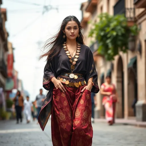 Prompt: 5 full body girl with difrent dress inspired by harem pants, belt lots of small coin designed, silk garments, Walking down the street. Detailed clothing