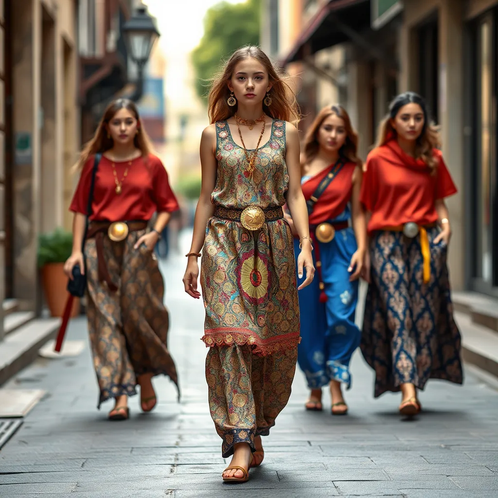 Prompt: 5 full body girl with difrent dress inspired by harem pants, belt lots of small coin designed, silk garments, Walking down the street. Detailed clothing