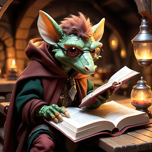 Prompt: A small kobold from dressed in a cloak looking down reading a book inside a fantasy like  tavern