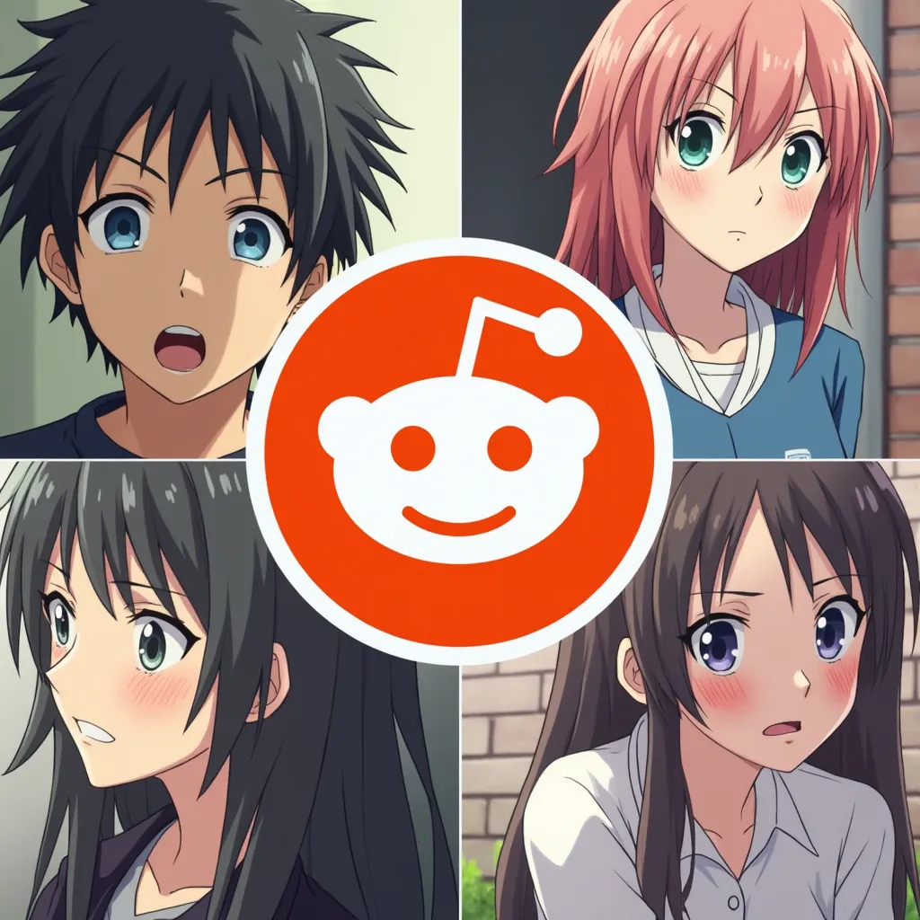 Prompt: the reddit logo in the middle of a collage of anime pictures featuring guys and girls