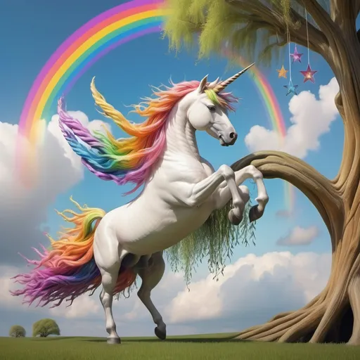 Prompt: rainbow unicorn flying above a large magic willow tree