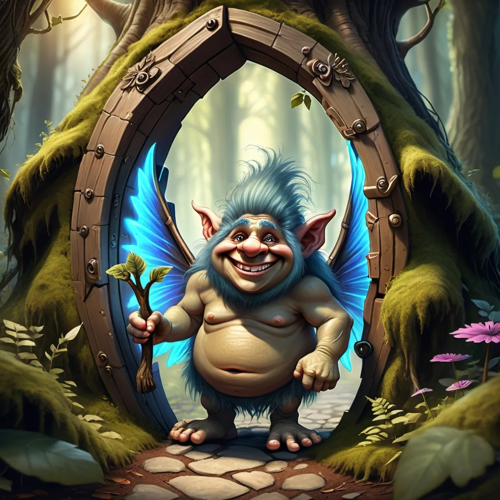 Prompt: happy helpful friendly troll with wings who guards a secret hidden portal door
in the magical enchanted forest