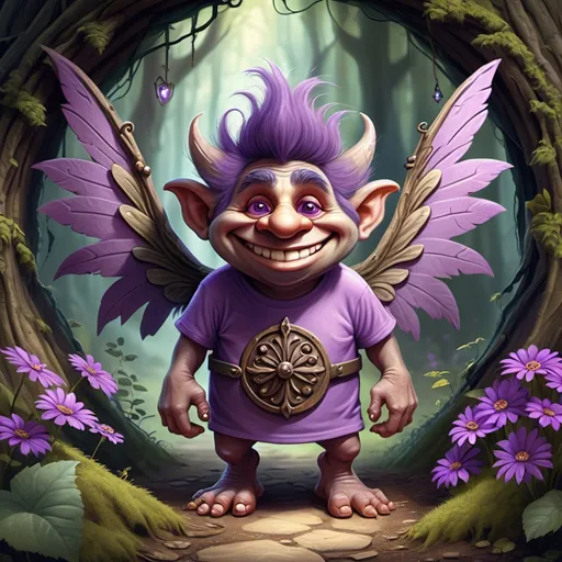 Prompt: happy helpful friendly troll with wings who guards a secret hidden portal door
in the magical enchanted forest wearing a purple shirt with flowers on it