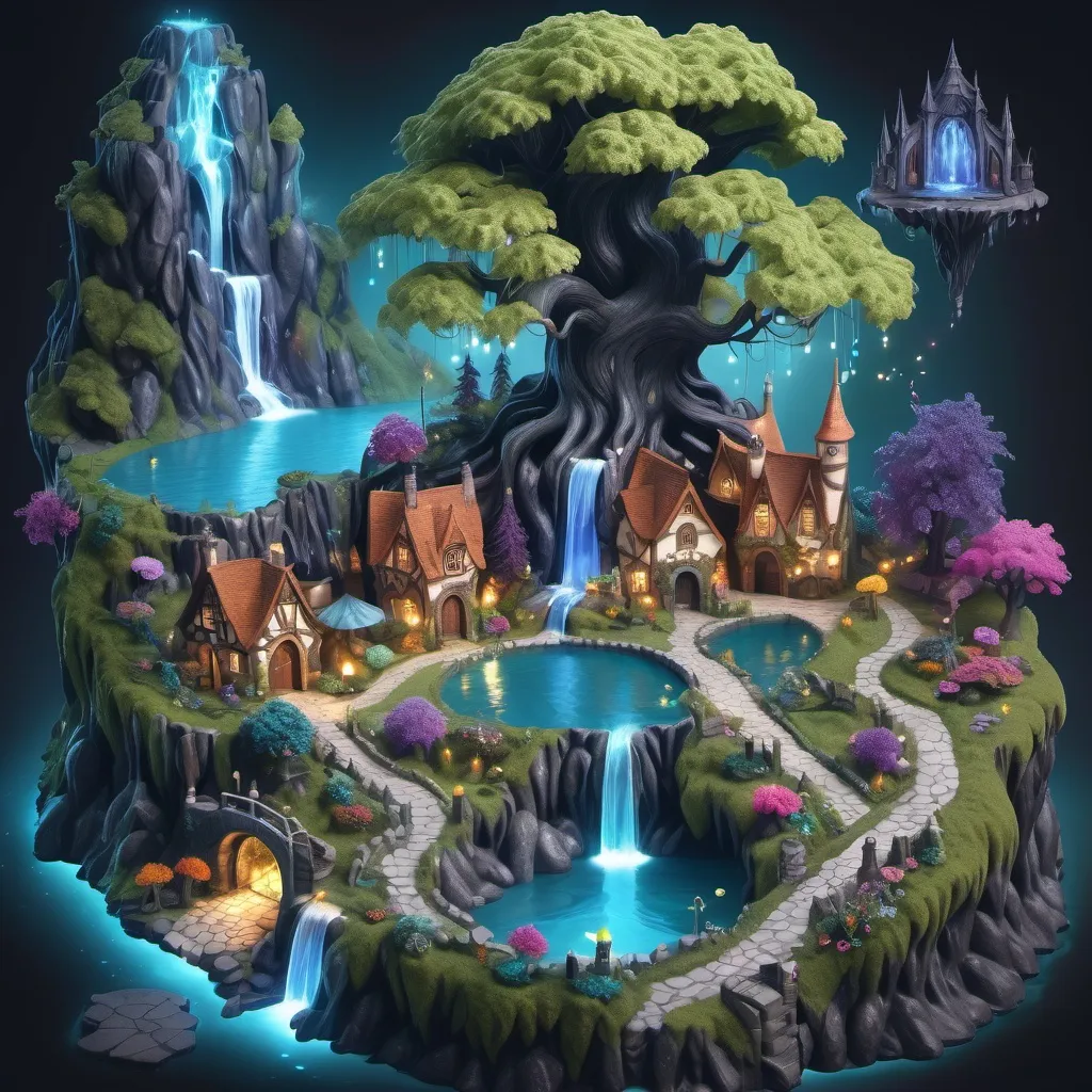 Prompt: A fantasy land map that includes the following features. Magical lake and waterfall, large, tall healing willow tree with fairy lights, a large forbidden dark forest with black trees, magical crystal caves brightly glowing, a hidden portal door, a small village with cobblestone pathways, cottages, lush gardens and bright flowers, at the side add a dark evil castle with a dragon on the roof