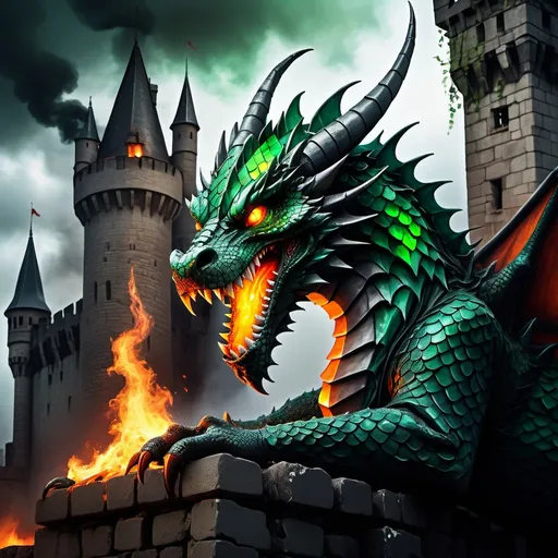 Prompt: evil dragon with glistening emerald scales and fiery eyes blowing fire from mouth, on top of foreboding dark castle, its crumbling stone walls entwined with creeping vines and shrouded in shadows