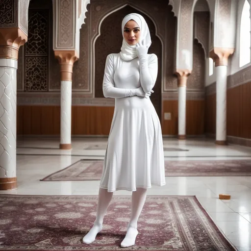 Prompt: a woman in white dress with white tights and white gloves in the mosque