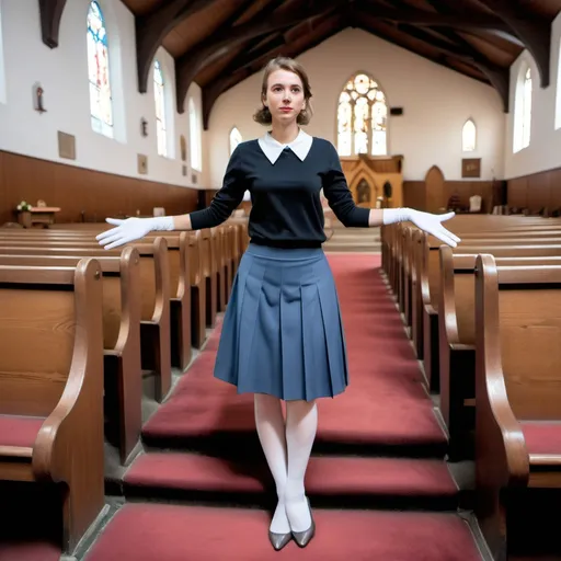 Prompt: a woman wear skirt white tights and gloves in church