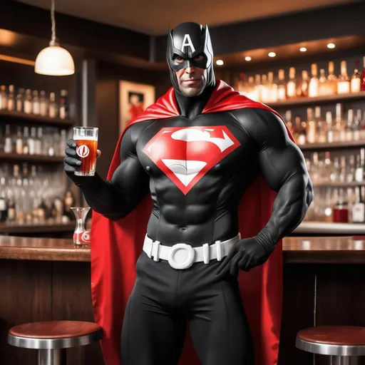 Prompt: Muscular superhero in black suit with red and white details and logo "A" on it and with red cape staying in front of the bar and holding a glass of rum by his waist