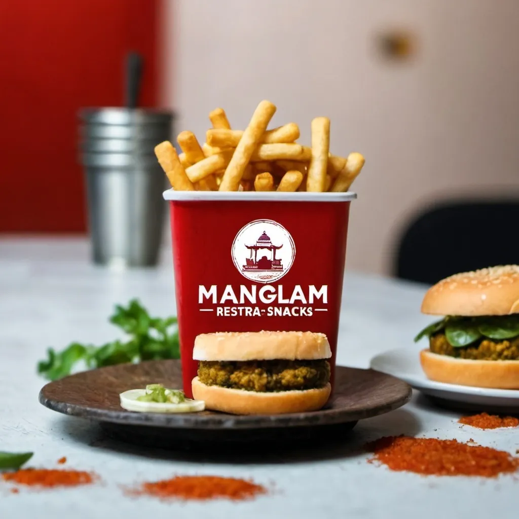 Prompt: Create a logo with red background and restaurant named as mangalam restra'n snacks