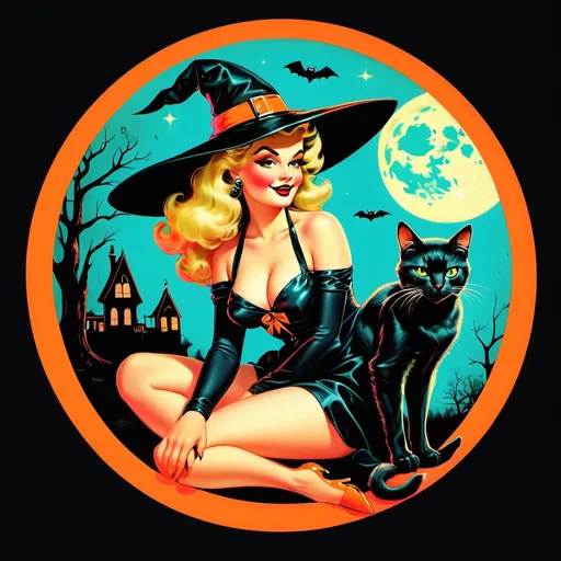 Prompt: Pin up witch
Neon colors
Halloween
Cute vintage clip art
Full moon
Black cat