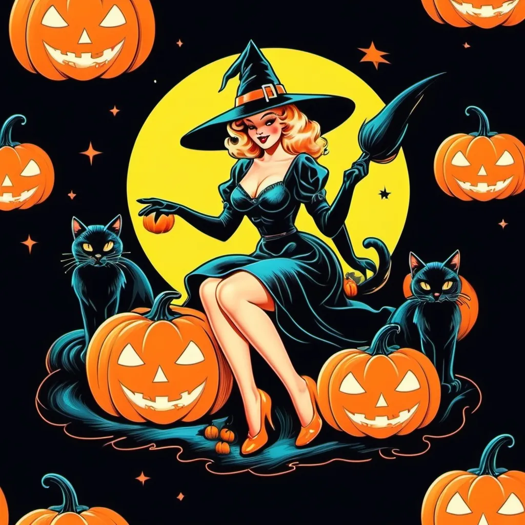 Prompt: Pin up witch
Neon colors
Halloween
Cute vintage clip art
Full moon
Black cat
Pumpkin 
Ghost