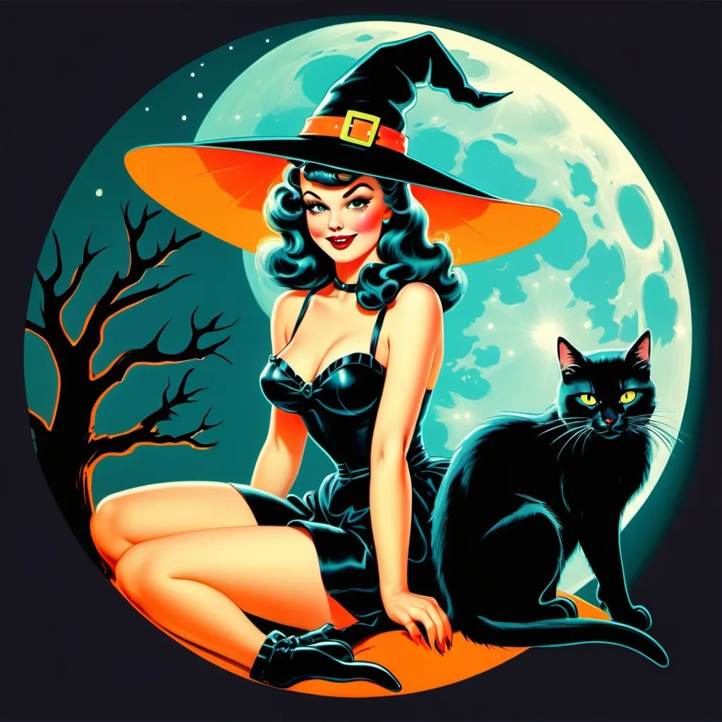 Prompt: Pin up witch
Neon colors
Halloween
Cute vintage clip art
Full moon
Black cat