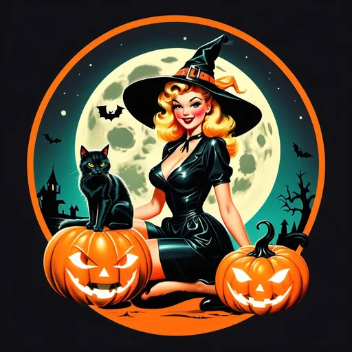 Prompt: Pin up witch
Neon colors
Halloween
Cute vintage clip art
Full moon
Black cat
Pumpkin 
Ghost