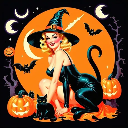 Prompt: Pin up witch
Neon colors
Halloween
Cute vintage clip art
Full moon
Black cat
Pumpkin 
Ghost