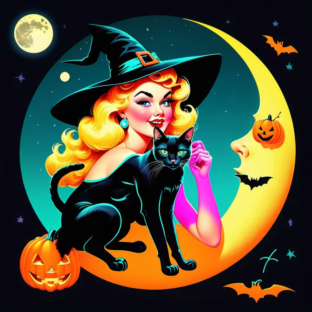 Prompt: Pin up witch
Neon colors
Halloween
Cute vintage clip art
Full moon
Black cat