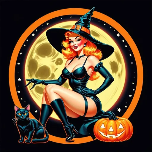 Prompt: Pin up witch
Neon colors
Halloween
Cute vintage clip art
Full moon
Black cat
Pumpkin 
Ghost