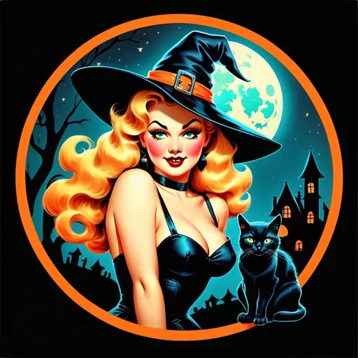 Prompt: Pin up witch
Neon colors
Halloween
Cute vintage clip art
Full moon
Black cat