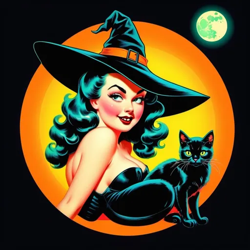 Prompt: Pin up witch
Neon colors
Halloween
Cute vintage clip art
Full moon
Black cat