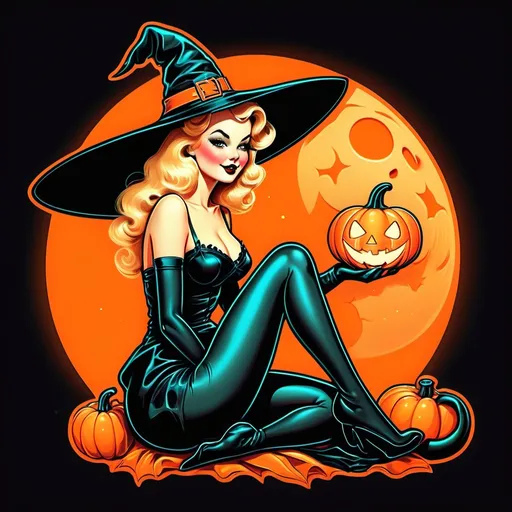 Prompt: Pin up witch
Neon colors
Halloween
Cute vintage clip art
Full moon
Black cat
Pumpkin 
Ghost