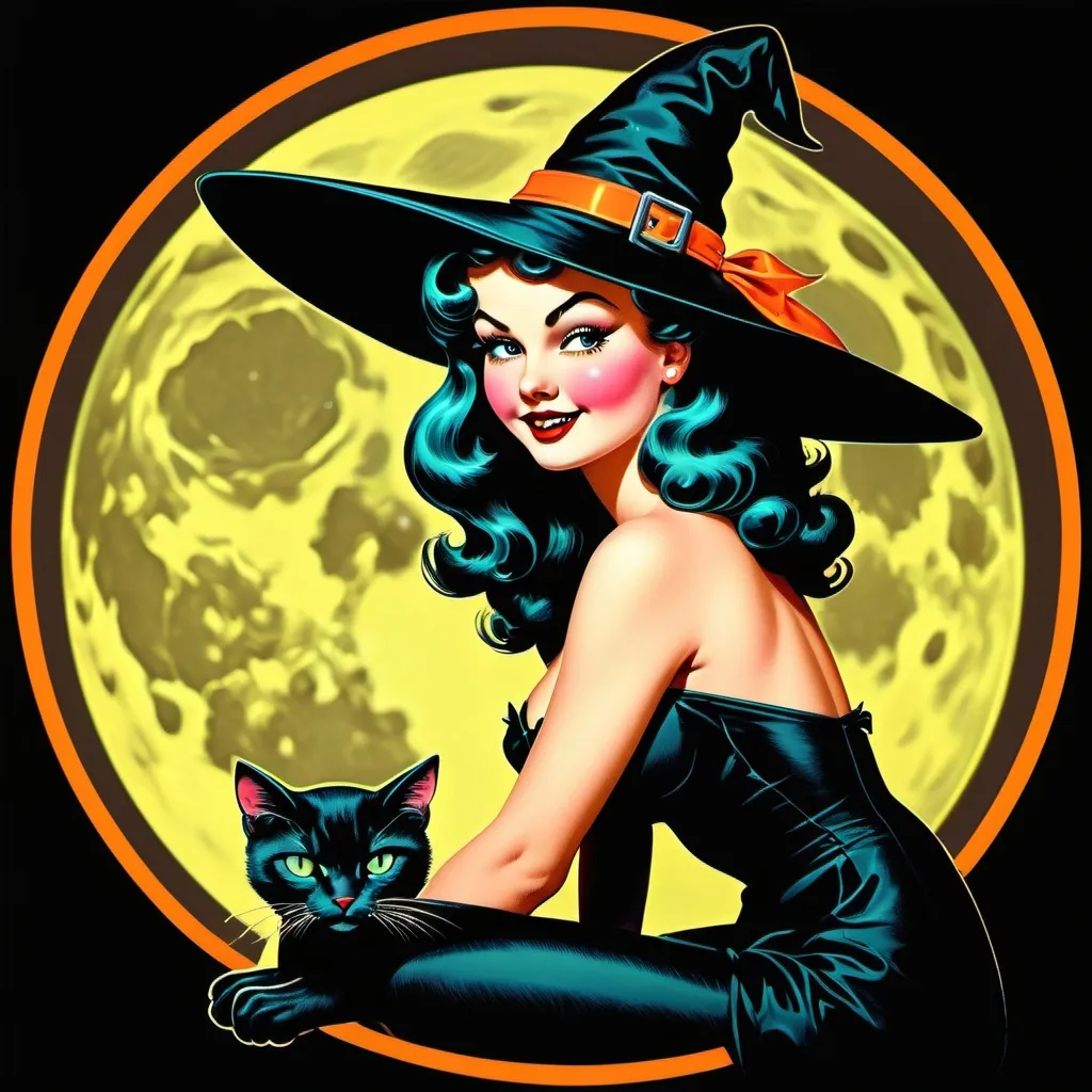 Prompt: Pin up witch
Neon colors
Halloween
Cute vintage clip art
Full moon
Black cat