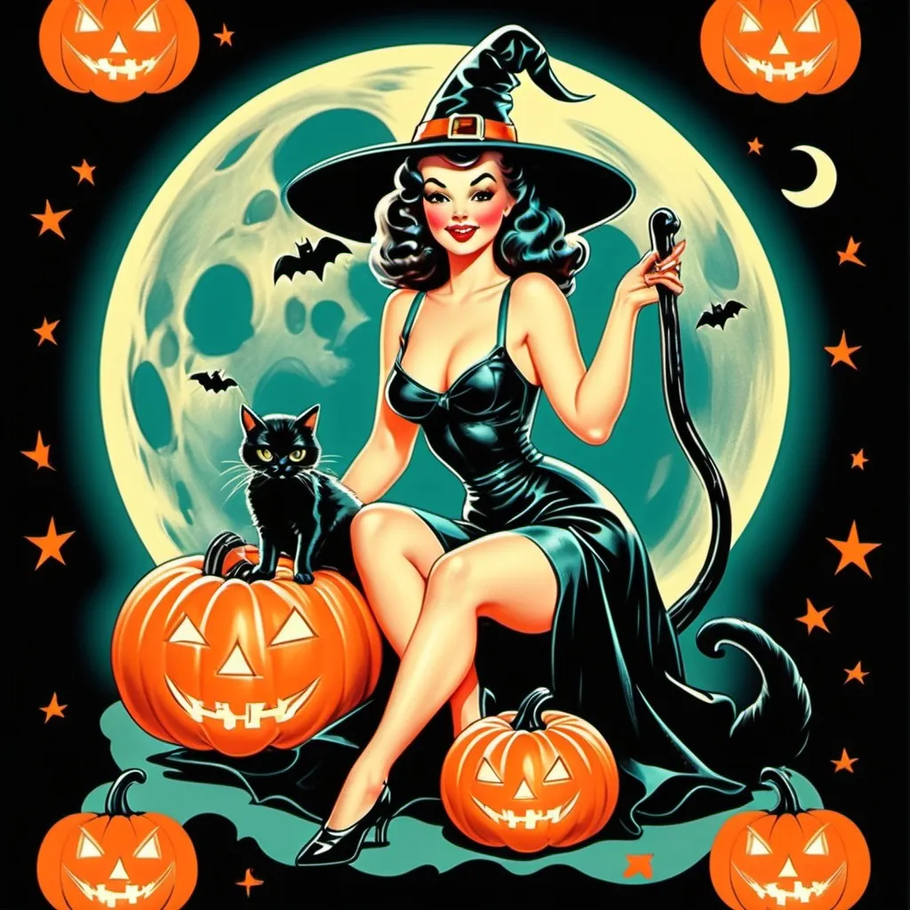 Prompt: Pin up witch
Neon colors
Halloween
Cute vintage clip art
Full moon
Black cat
Pumpkin 
Ghost