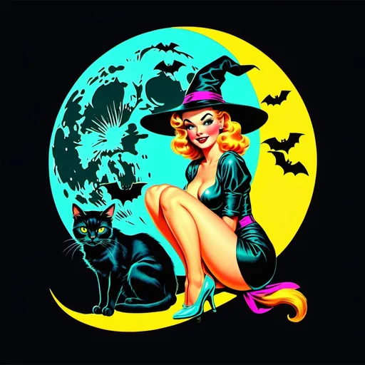 Prompt: Pin up witch
Neon colors
Halloween
Cute vintage clip art
Full moon
Black cat