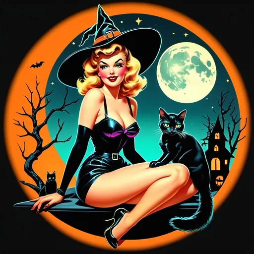 Prompt: Pin up witch
Neon colors
Halloween
Cute vintage clip art
Full moon
Black cat