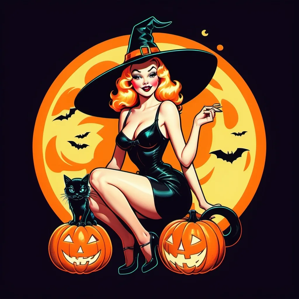 Prompt: Pin up witch
Neon colors
Halloween
Cute vintage clip art
Full moon
Black cat
Pumpkin 
Ghost