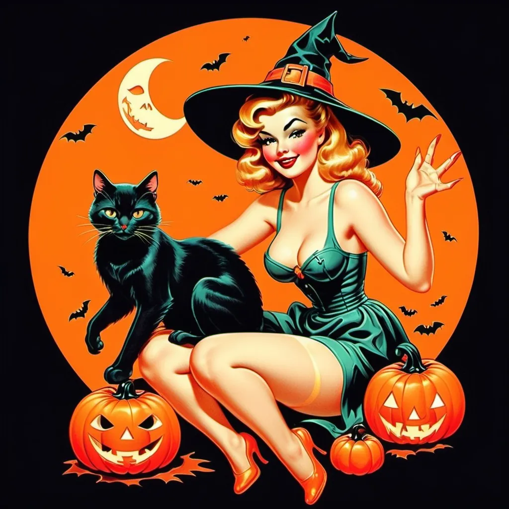 Prompt: Pin up witch
Neon colors
Halloween
Cute vintage clip art
Full moon
Black cat
Pumpkin 
Ghost