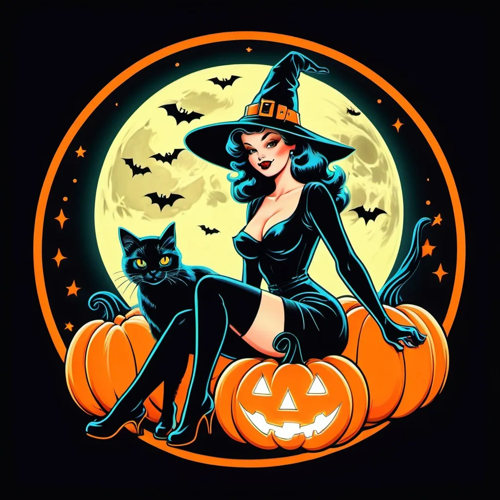 Prompt: Pin up witch
Neon colors
Halloween
Cute vintage clip art
Full moon
Black cat
Pumpkin 
Ghost