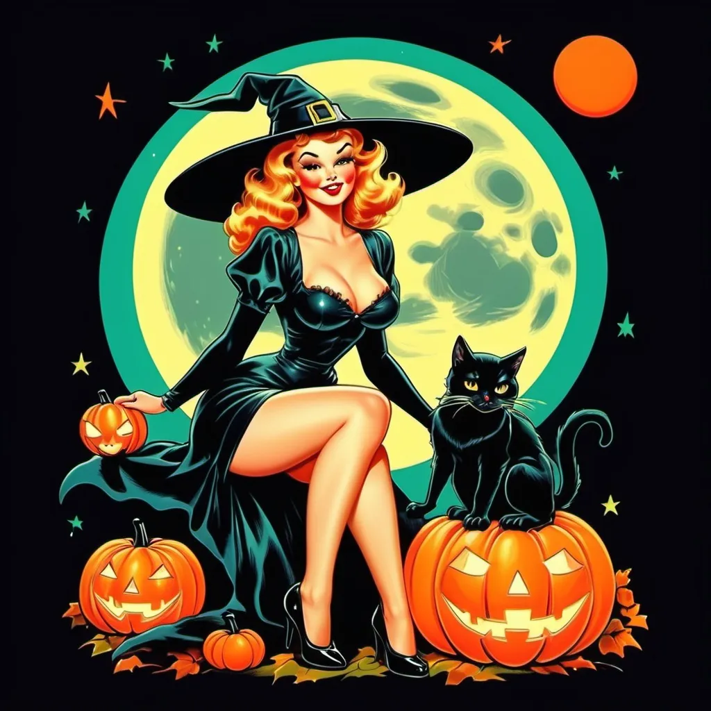 Prompt: Pin up witch
Neon colors
Halloween
Cute vintage clip art
Full moon
Black cat
Pumpkin 
Ghost