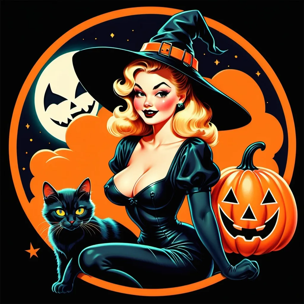 Prompt: Pin up witch
Neon colors
Halloween
Cute vintage clip art
Full moon
Black cat
Pumpkin 
Ghost