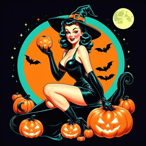 Prompt: Pin up witch
Neon colors
Halloween
Cute vintage clip art
Full moon
Black cat
Pumpkin 
Ghost