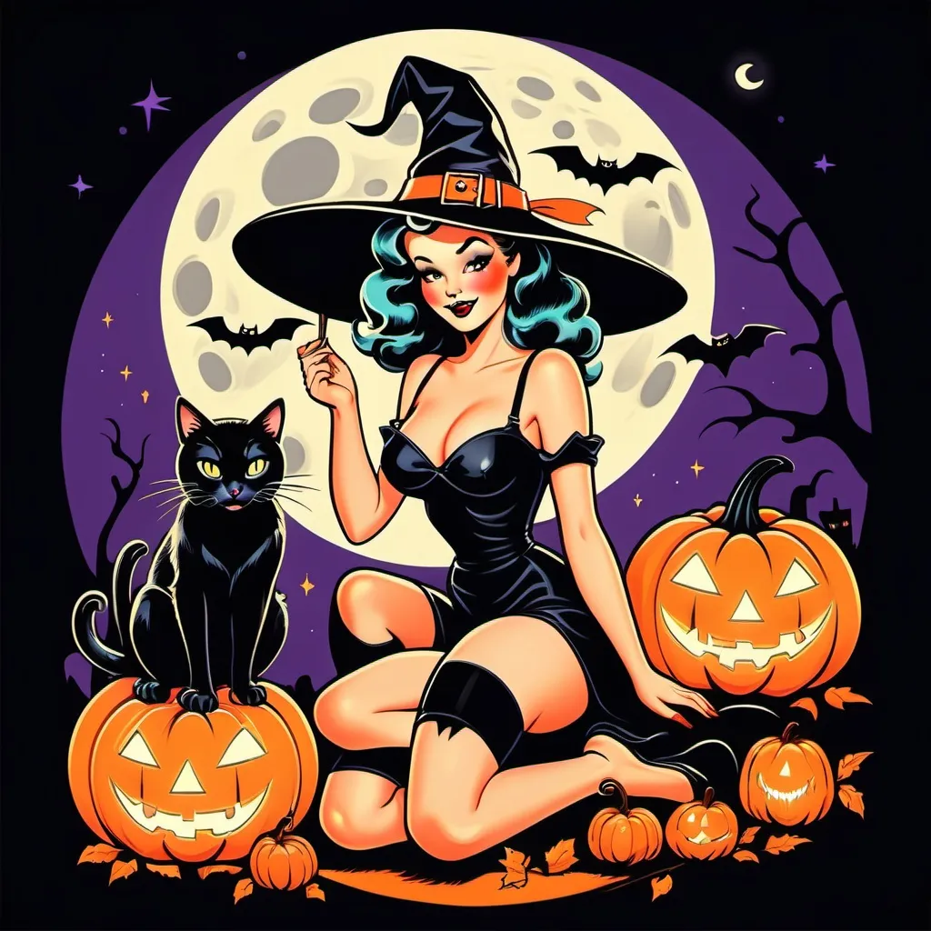 Prompt: Pin up witch
Neon colors
Halloween
Cute vintage clip art
Full moon
Black cat
Pumpkin 
Ghost