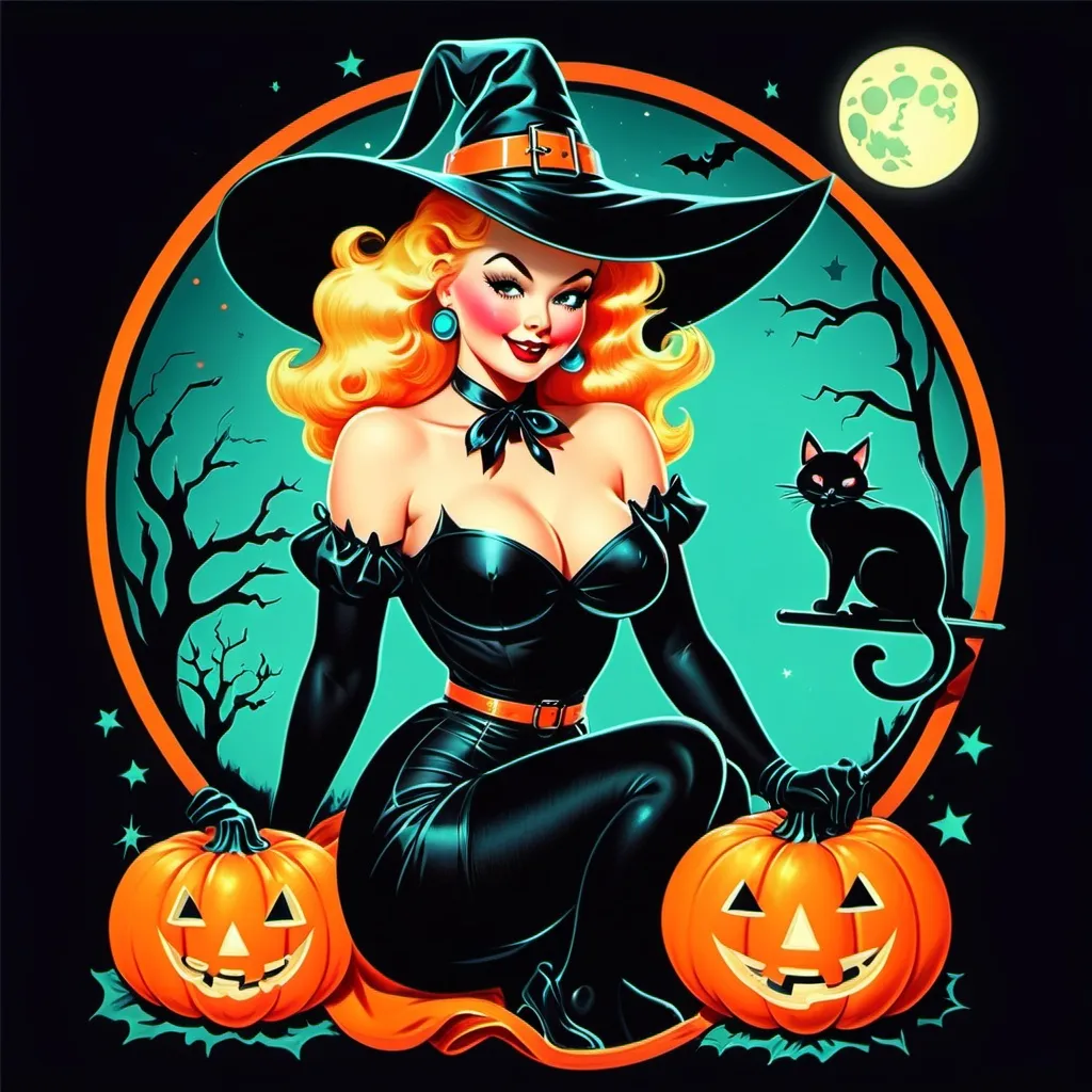 Prompt: Pin up witch
Neon colors
Halloween
Cute vintage clip art
Full moon
Black cat
Pumpkin 
Ghost