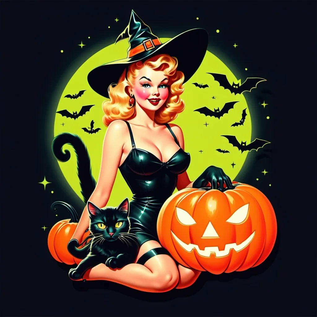 Prompt: Pin up witch
Neon colors
Halloween
Cute vintage clip art
Full moon
Black cat
Pumpkin 
Ghost