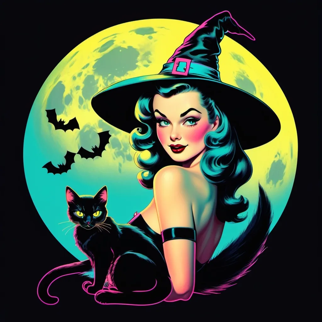 Prompt: Pin up witch
Neon colors
Halloween
Cute vintage clip art
Full moon
Black cat