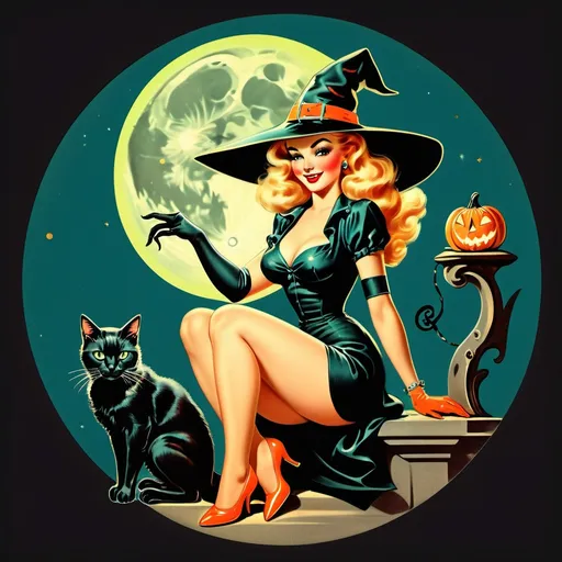 Prompt: Pin up witch
Neon colors
Halloween
Cute vintage clip art
Full moon
Black cat