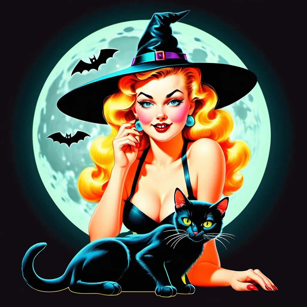 Prompt: Pin up witch
Neon colors
Halloween
Cute vintage clip art
Full moon
Black cat