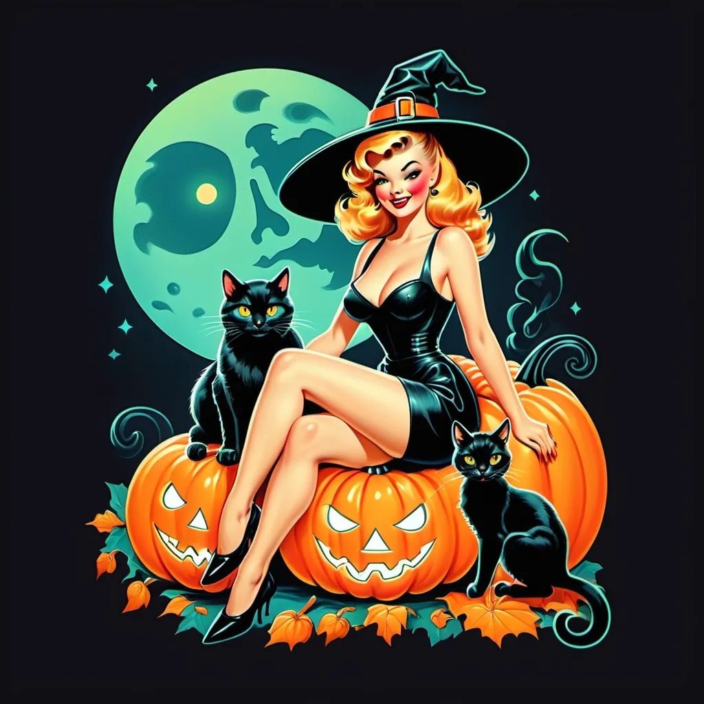 Prompt: Pin up witch
Neon colors
Halloween
Cute vintage clip art
Full moon
Black cat
Pumpkin 
Ghost