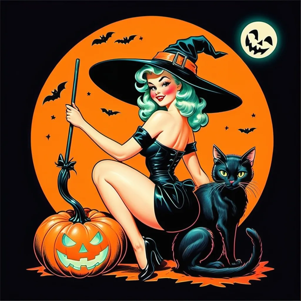 Prompt: Pin up witch
Neon colors
Halloween
Cute vintage clip art
Full moon
Black cat
Pumpkin 
Ghost