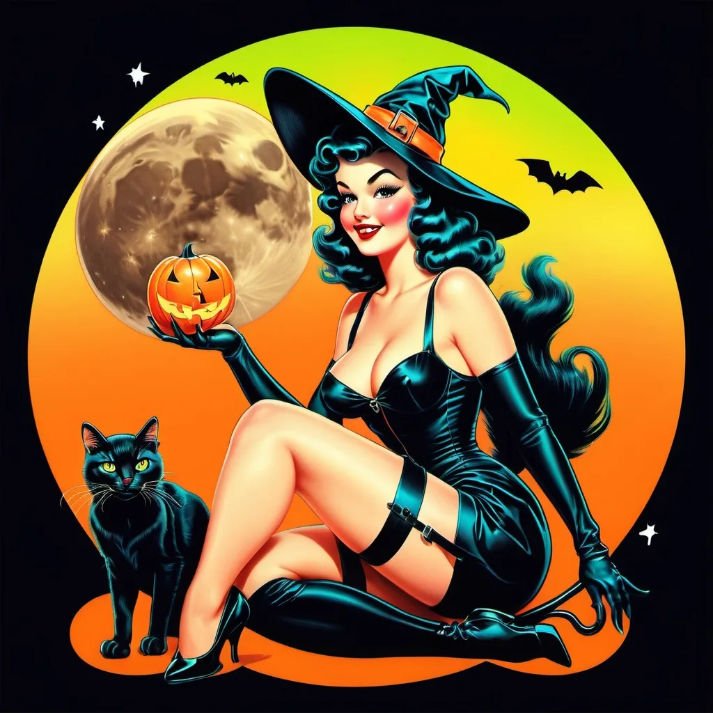 Prompt: Pin up witch
Neon colors
Halloween
Cute vintage clip art
Full moon
Black cat