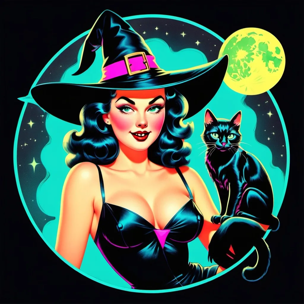 Prompt: Pin up witch
Neon colors
Halloween
Cute vintage clip art
Full moon
Black cat