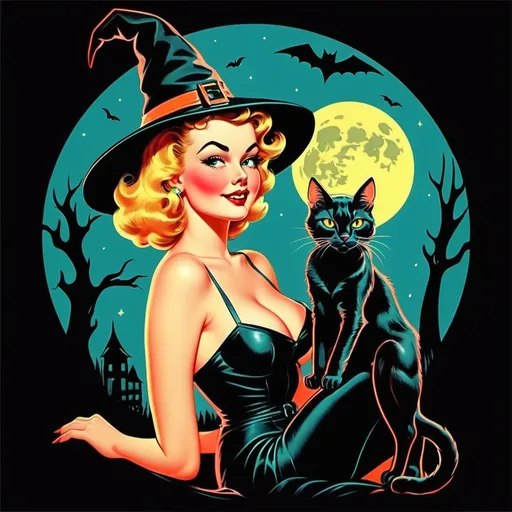 Prompt: Pin up witch
Neon colors
Halloween
Cute vintage clip art
Full moon
Black cat