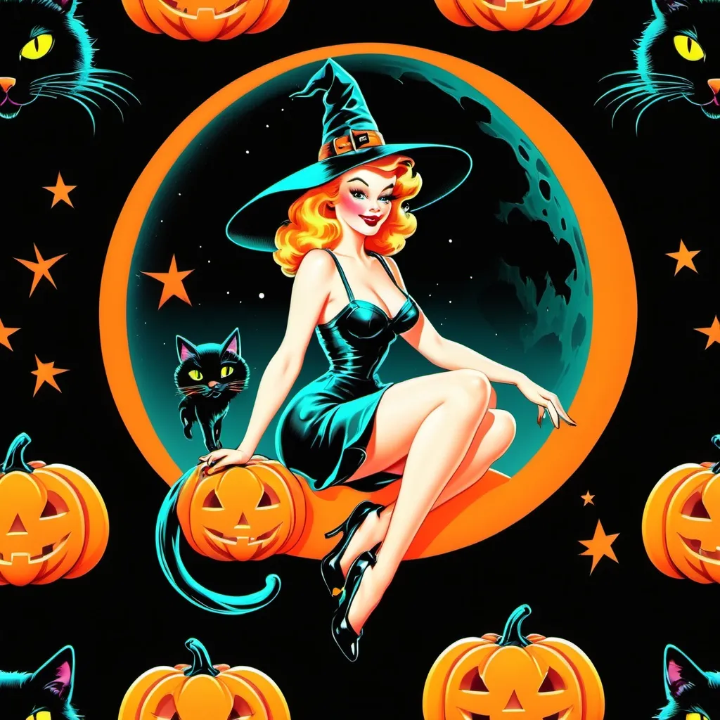 Prompt: Pin up witch
Neon colors
Halloween
Cute vintage clip art
Full moon
Black cat
Pumpkin 
Ghost