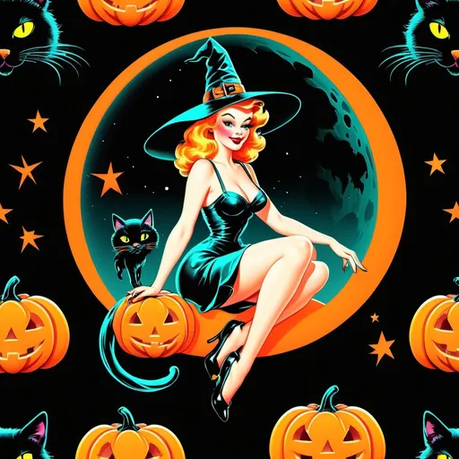 Prompt: Pin up witch
Neon colors
Halloween
Cute vintage clip art
Full moon
Black cat
Pumpkin 
Ghost